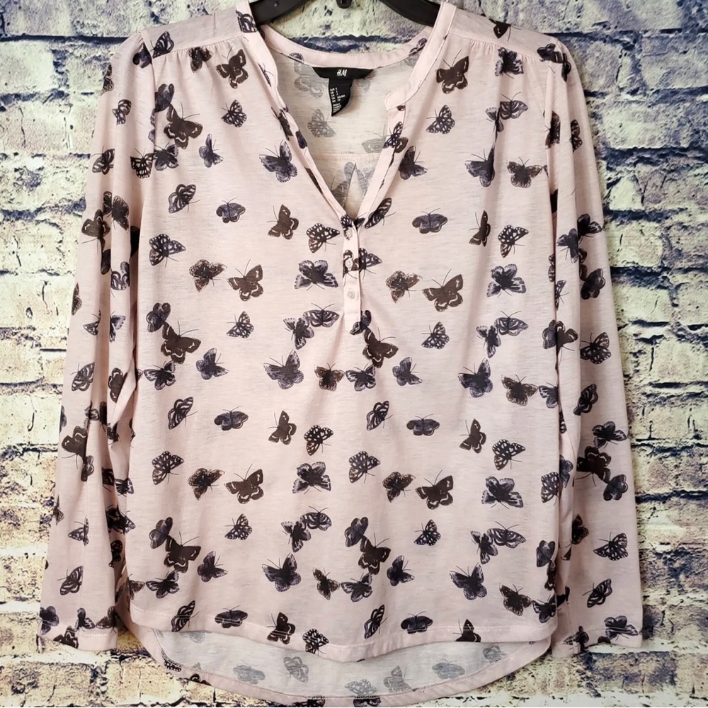 H&M Beige Black Butterfly Print Henley V-Neck Polyester Blouse Size S